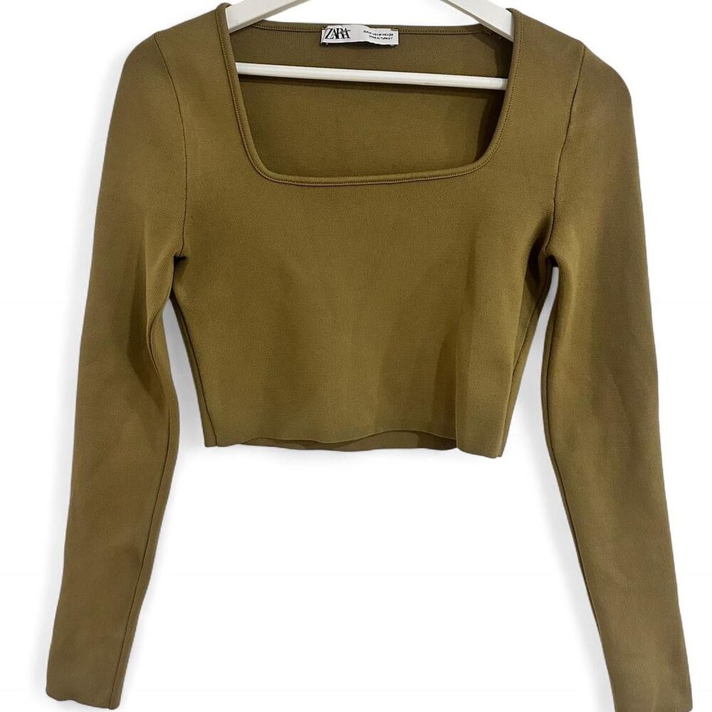 Zara Khaki Long Sleeve Crop Top Women’s Size Medium